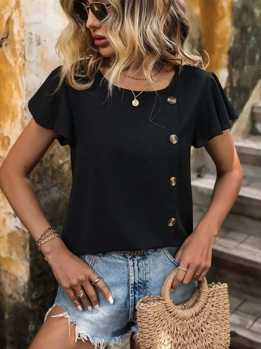 Decorative Button Round Neck Short Sleeve Blouse - Trendsi - Flyclothing LLC