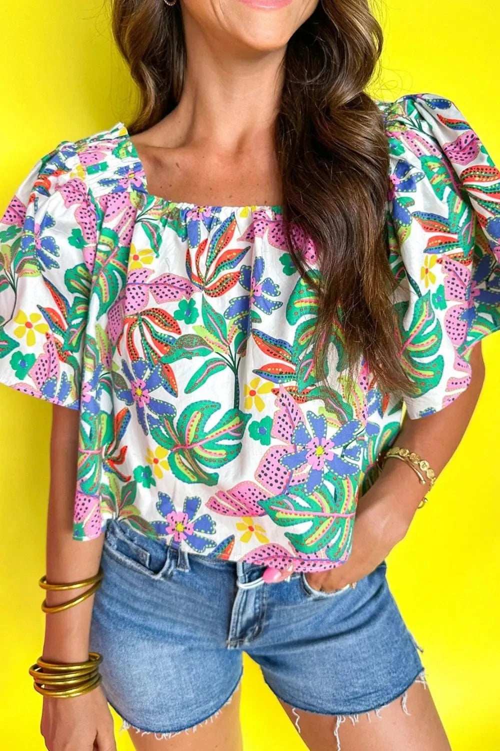 Plant Print Loose Fit Puff Sleeve Square Neck Blouse - Trendsi - Flyclothing LLC