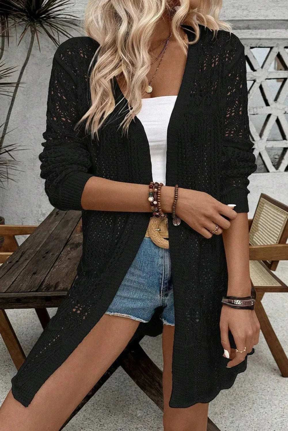 Openwork Open Front Long Sleeve Cardigan - Trendsi - Flyclothing LLC