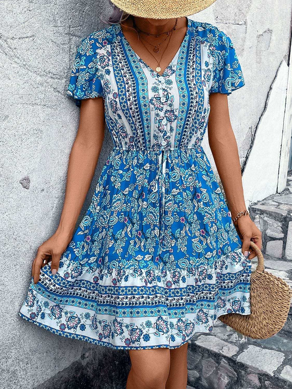Printed V-Neck Flutter Sleeve Mini Dress - Trendsi - Flyclothing LLC