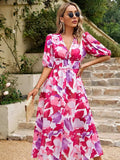 Smocked Printed V-Neck Half Sleeve Midi Dress - Trendsi - Flyclothing LLC