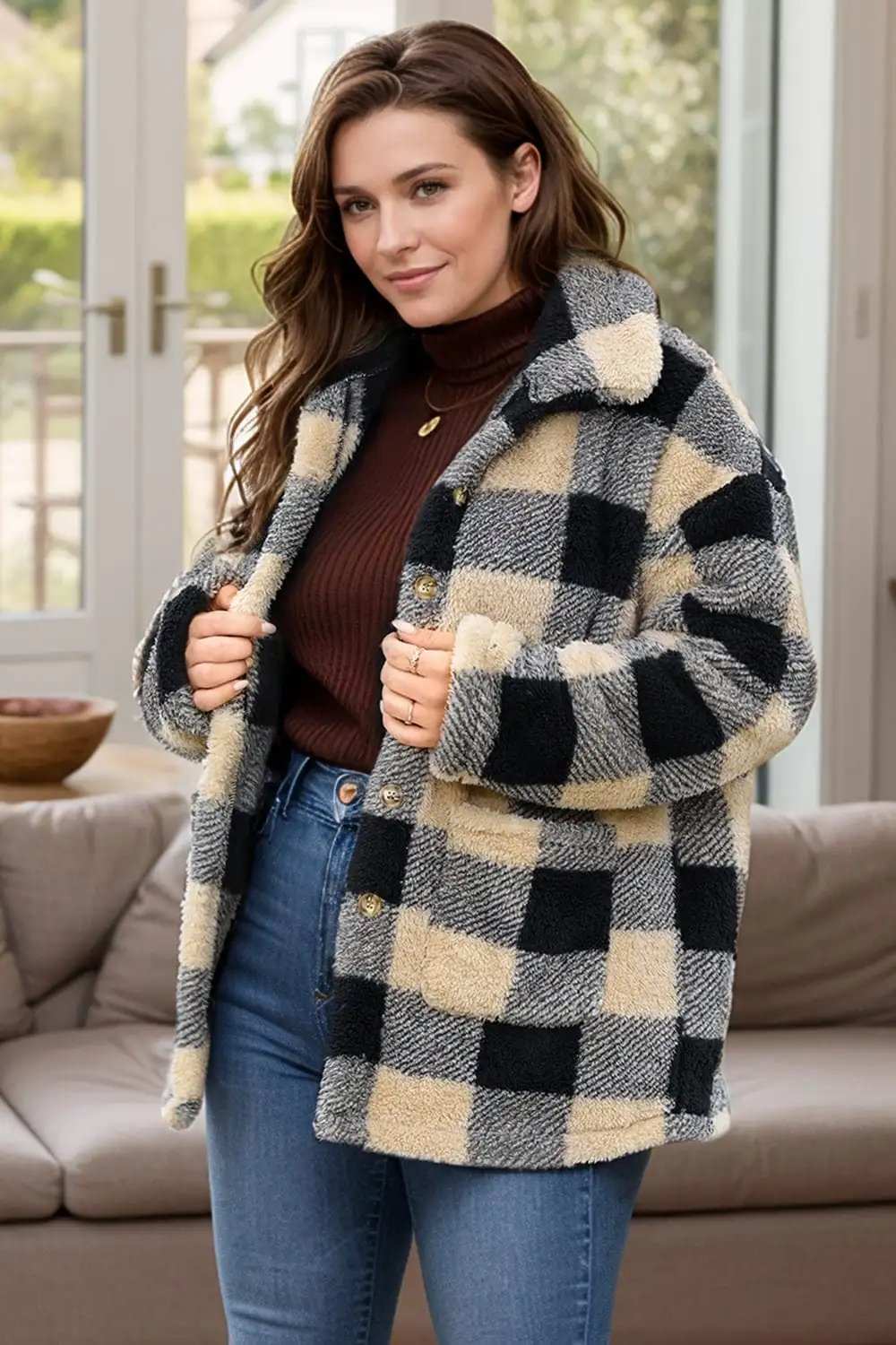 Plus Size Plaid Button Up Long Sleeve Coat - Trendsi - Flyclothing LLC