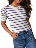 Striped Round Neck Puff Sleeve Knit Top - Trendsi - Flyclothing LLC