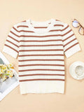 Stripe Scalloped Round Neck Short Sleeve Sweater - Trendsi - Flyclothing LLC