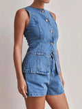 Button Down Vest and Shorts Denim Set - Trendsi - Flyclothing LLC