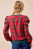 BiBi Christmas Plaid Exaggerated Shoulder Sleeves Top - Trendsi - Flyclothing LLC