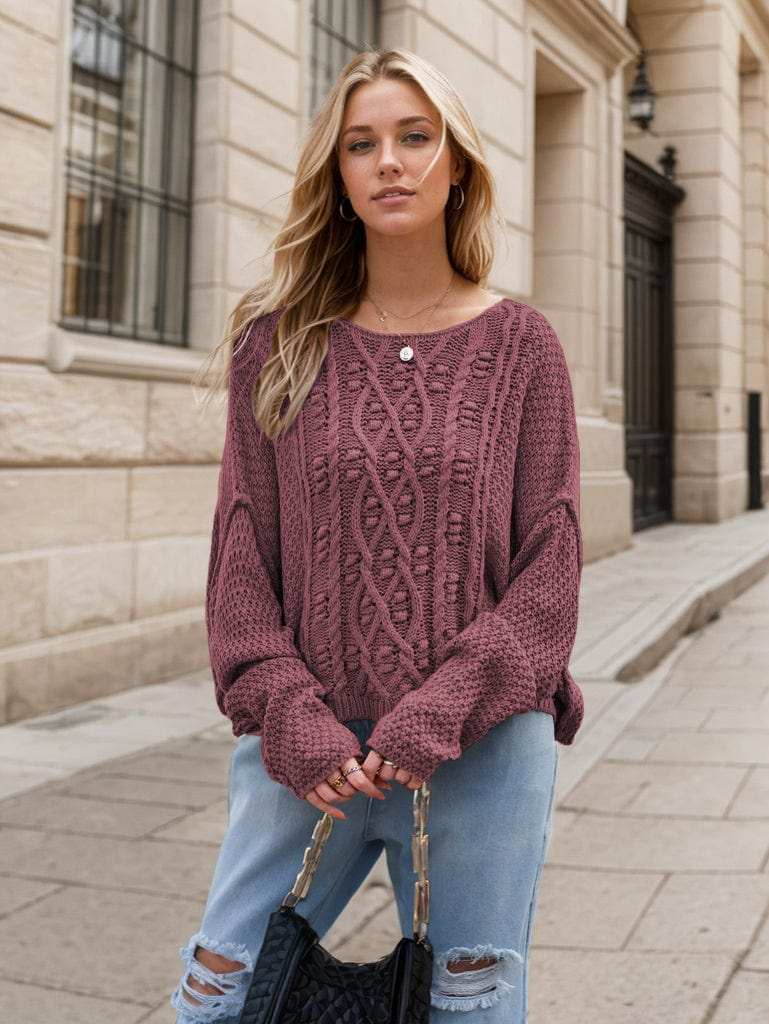 Round Neck Dropped Shoulder Long Sleeve Sweater - Trendsi - Flyclothing LLC