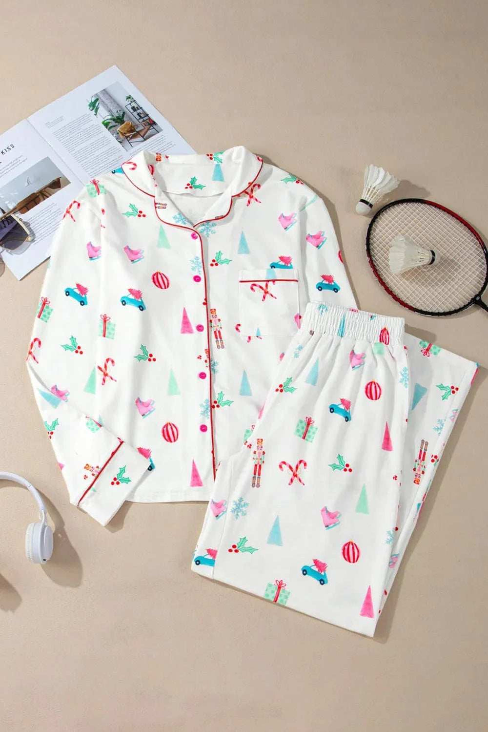 Printed Collared Neck Long Sleeve Top and Pants Lounge Set - Trendsi - Flyclothing LLC