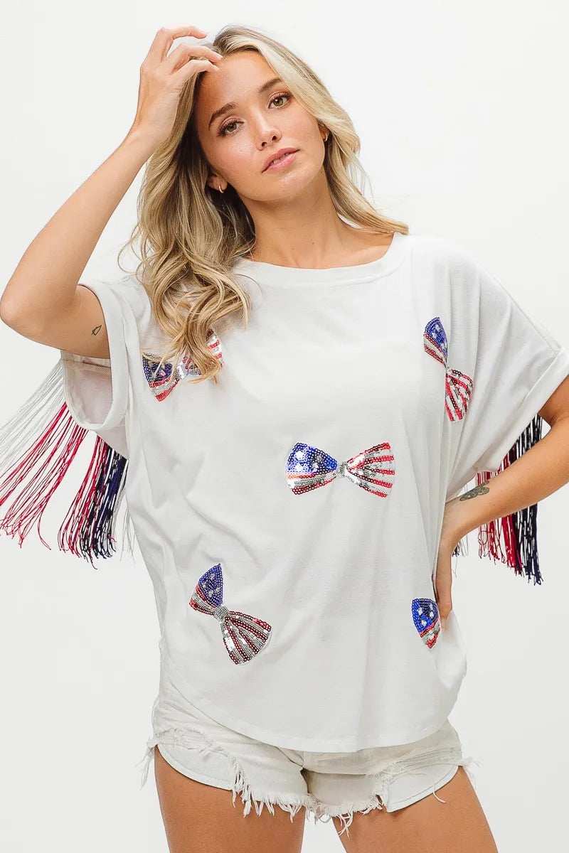 BiBi American Flag Sequin Ribbon T-Shirt - Trendsi - Flyclothing LLC