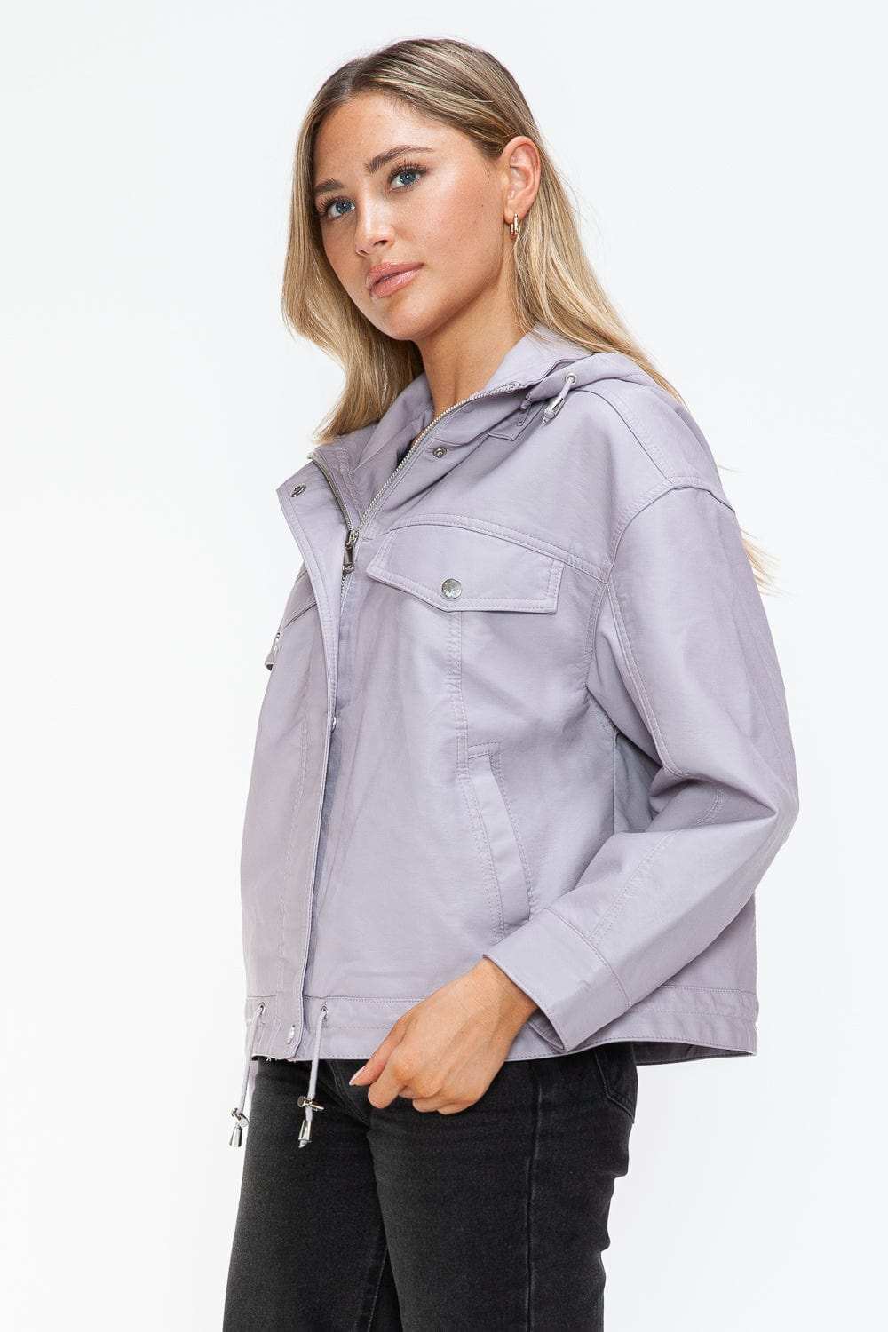 How Dare U Drawstring Hem PU Leather Zip Up Jacket - Trendsi - Flyclothing LLC