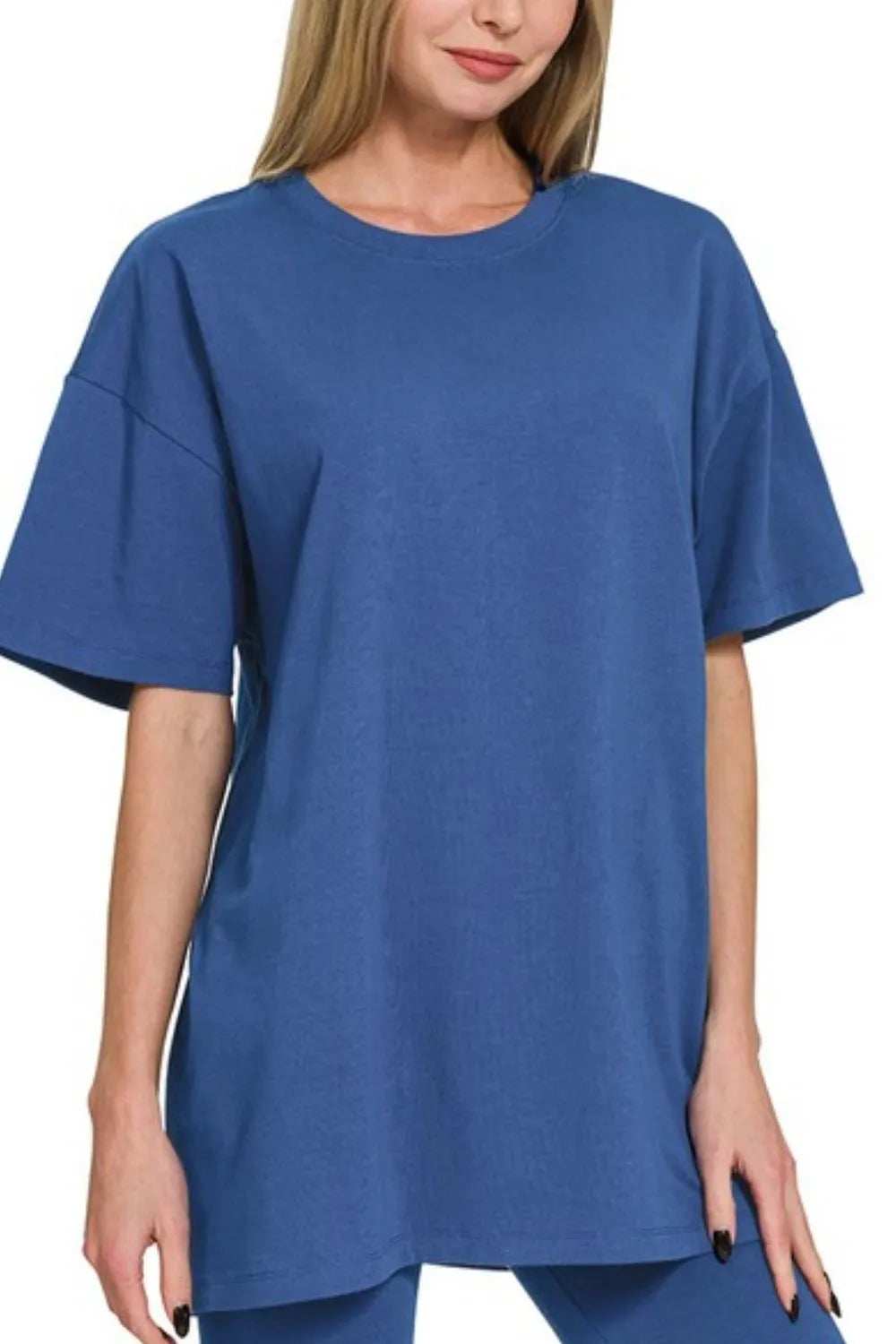 Zenana Cotton Round Neck Top & Biker Shorts - Trendsi - Flyclothing LLC