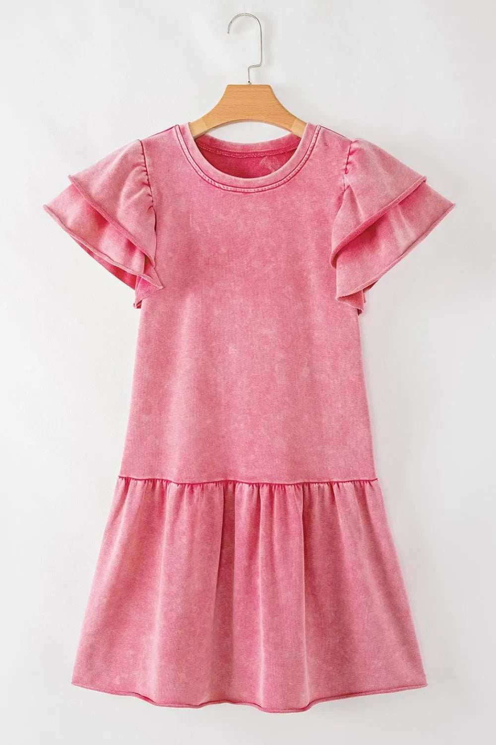 Mineral Wash Raw Edge Ruffle Mini Dress - Trendsi - Flyclothing LLC