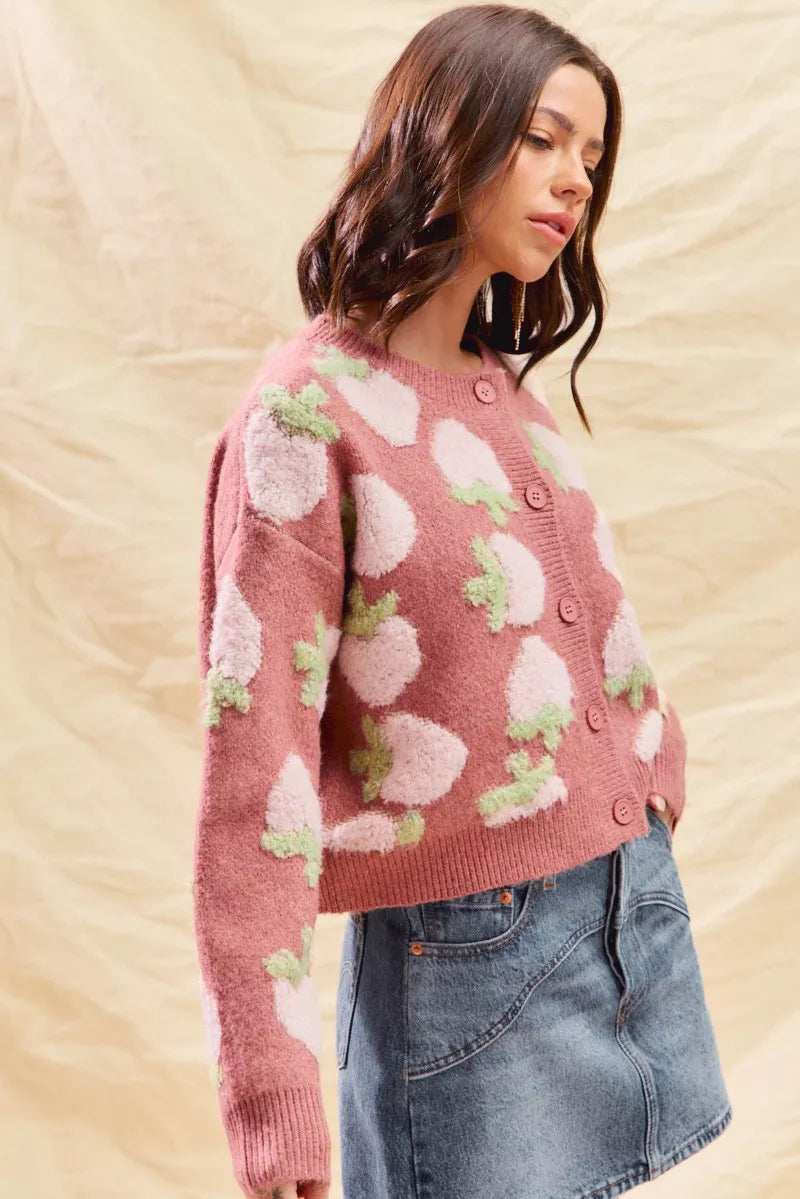 SO ME Strawberry Fruit All Over Button Sweater Cardigan - Trendsi - Flyclothing LLC