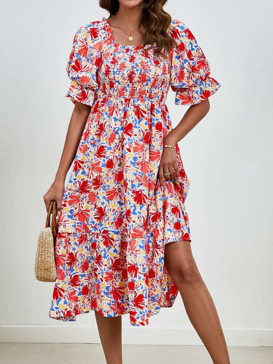 Smocked Floral Square Neck Short Sleeve Dress - Trendsi - Flyclothing LLC