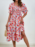 Smocked Floral Square Neck Short Sleeve Dress - Trendsi - Flyclothing LLC
