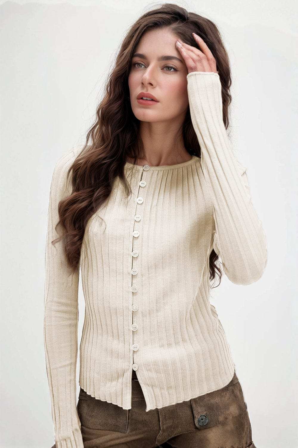 Basic Bae Texture Button Up Round Neck Long Sleeve Top - Trendsi - Flyclothing LLC