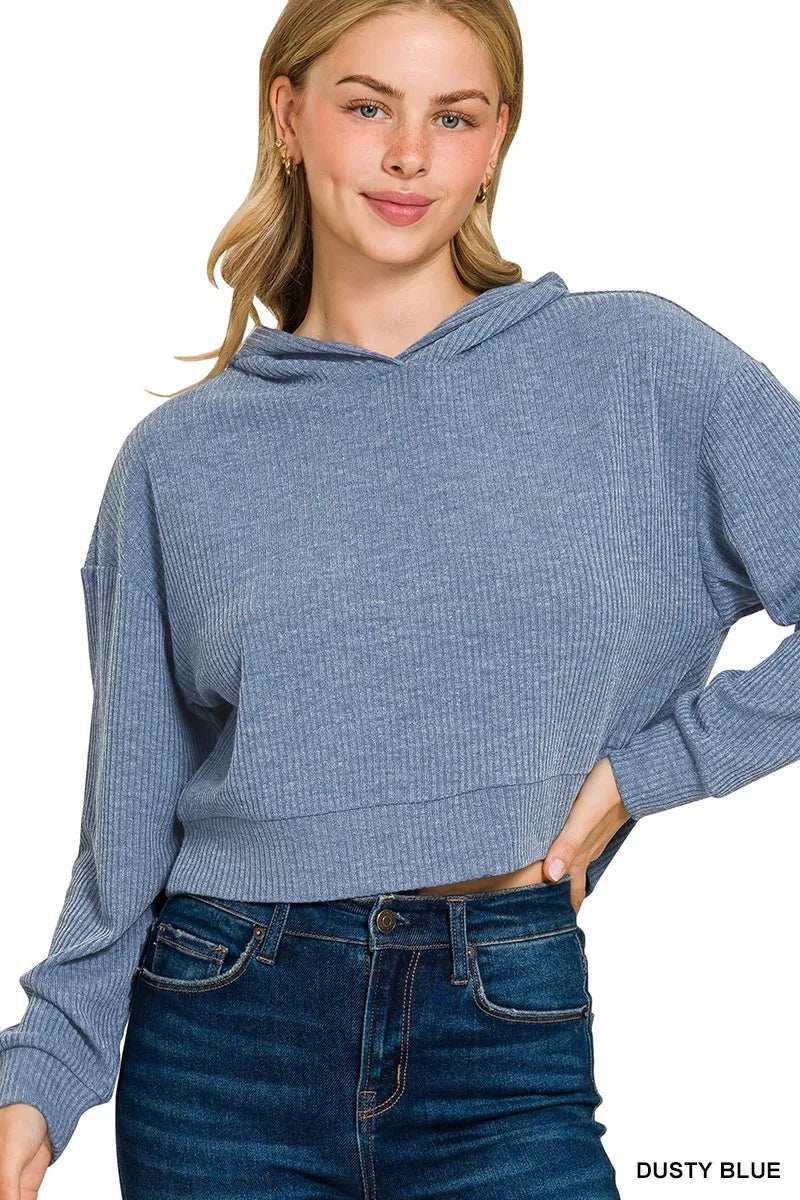 Zenana Drop Shoulder Ribbed Crop Hoodie - Trendsi - Flyclothing LLC
