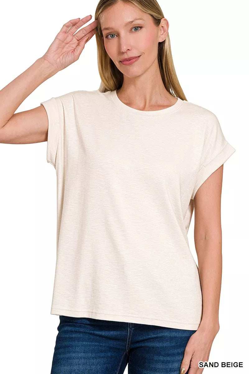 Zenana Full Size Cotton Modal Slub Rolled Sleeve T-Shirt Plus Size - Trendsi - Flyclothing LLC