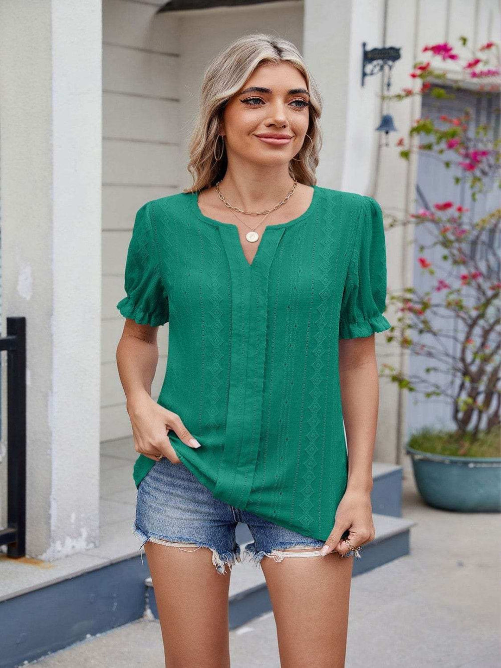 Eyelet Notched Short Sleeve Top - Trendsi - Flyclothing LLC