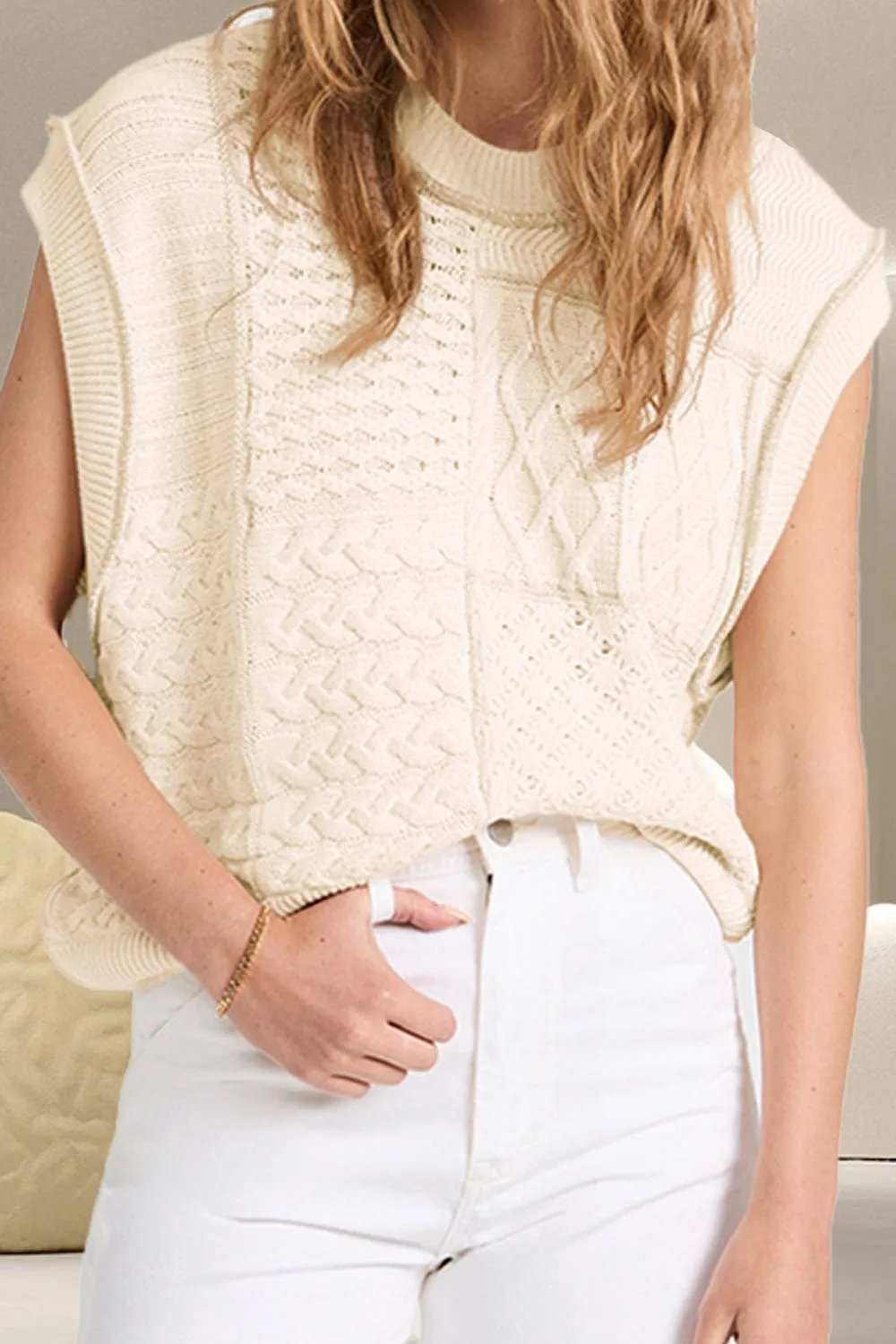 Cable-Knit Round Neck Sweater Vest - Trendsi - Flyclothing LLC