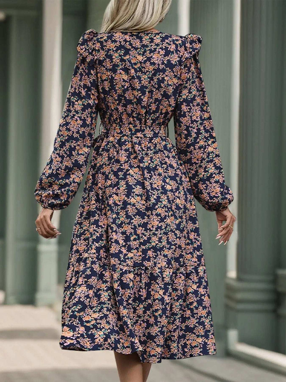 Printed Surplice Long Sleeve Midi Dress - Trendsi - Flyclothing LLC
