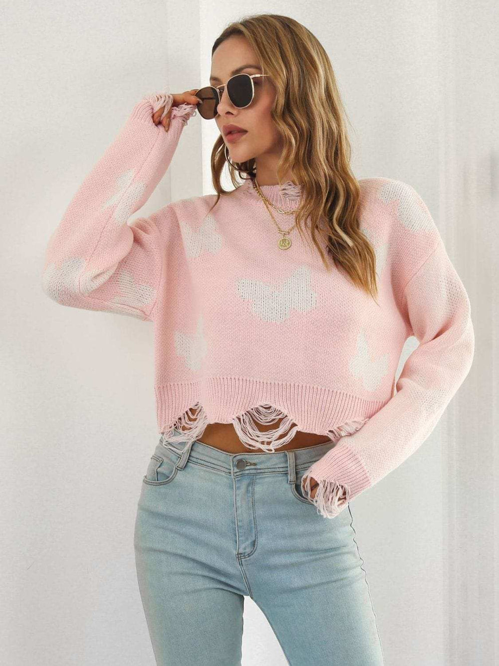 Distressed Butterfly Cropped Sweater - Trendsi - Flyclothing LLC