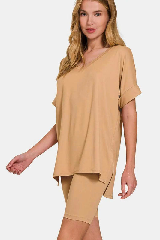 Zenana V-Neck Short Sleeve T-Shirt and Biker Shorts Set - Trendsi - Flyclothing LLC