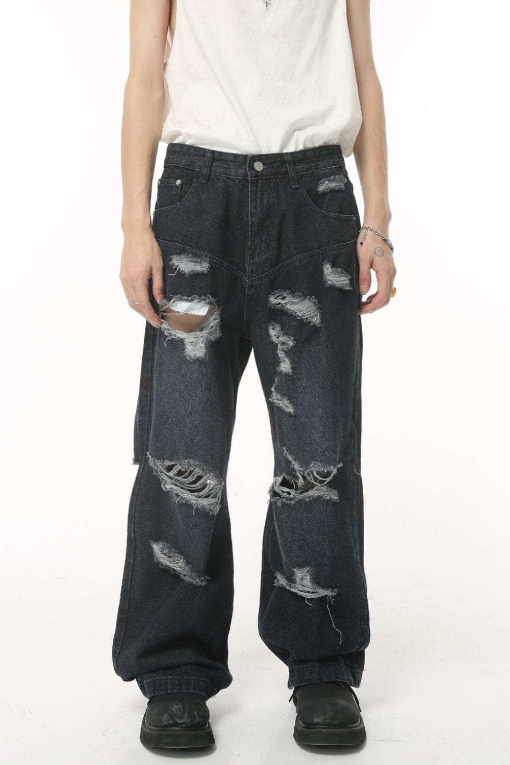 Distressed Wide Leg Pocketed Men's Jeans - Trendsi - Flyclothing LLC
