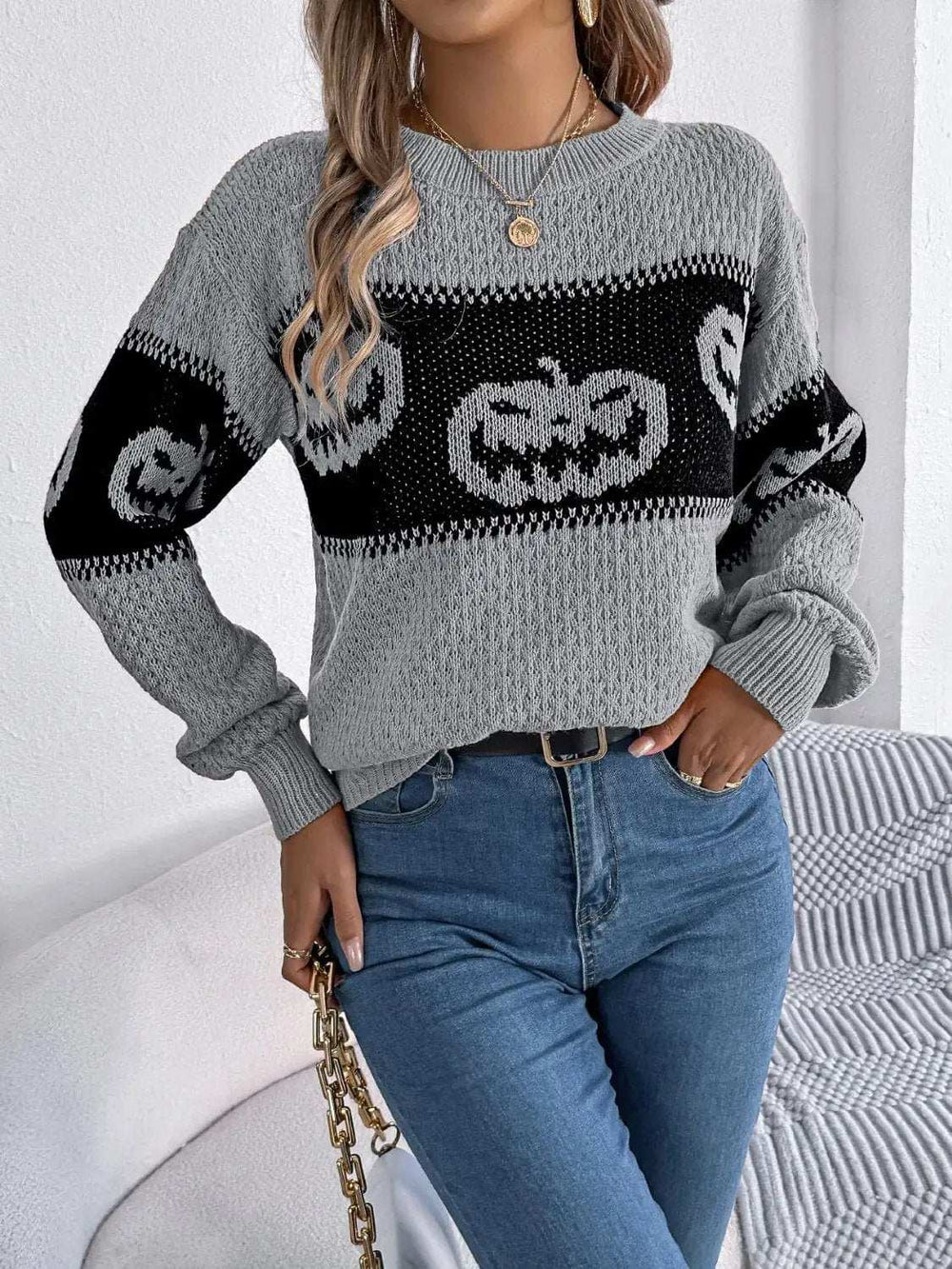 Pumpkin Round Neck Long Sleeve Sweater - Trendsi - Flyclothing LLC