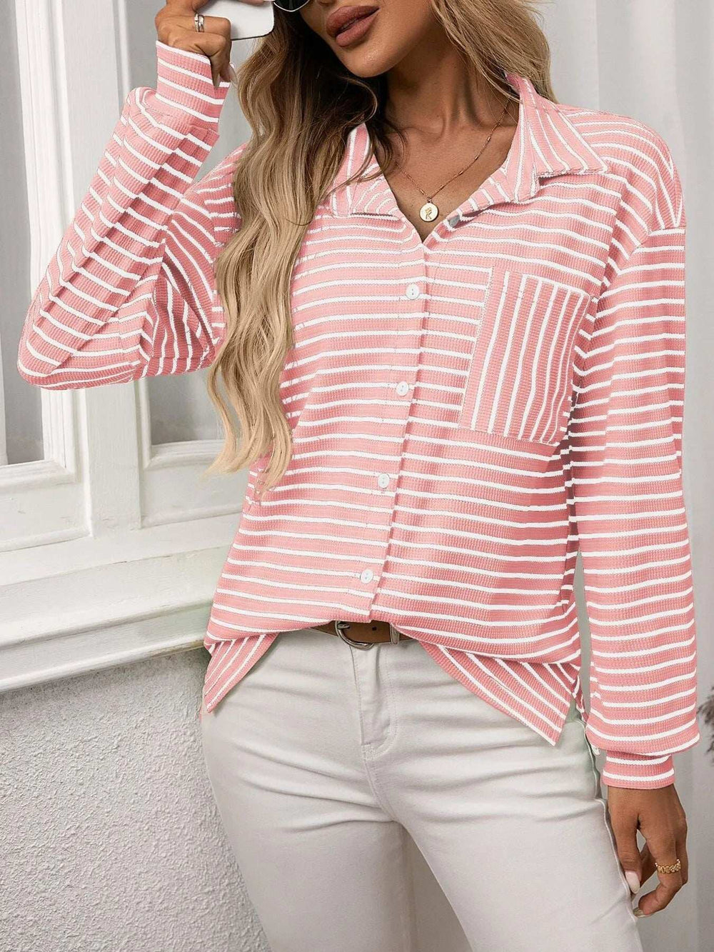 Striped Button Up Long Sleeve Shirt - Trendsi - Flyclothing LLC