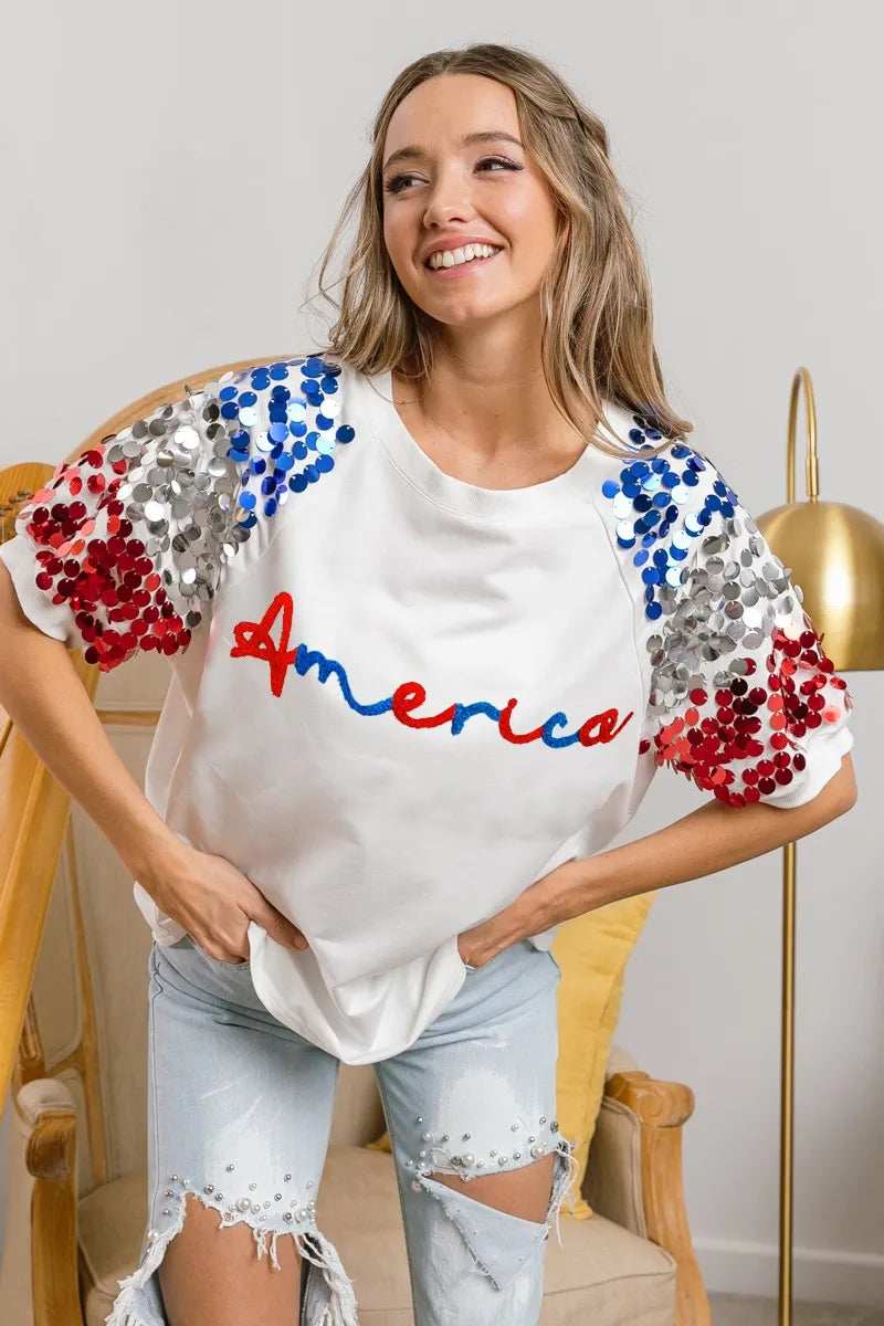 BiBi America Letter Applique Spangle Puff Sleeves Top - Trendsi - Flyclothing LLC