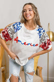 BiBi America Letter Applique Spangle Puff Sleeves Top - Trendsi - Flyclothing LLC