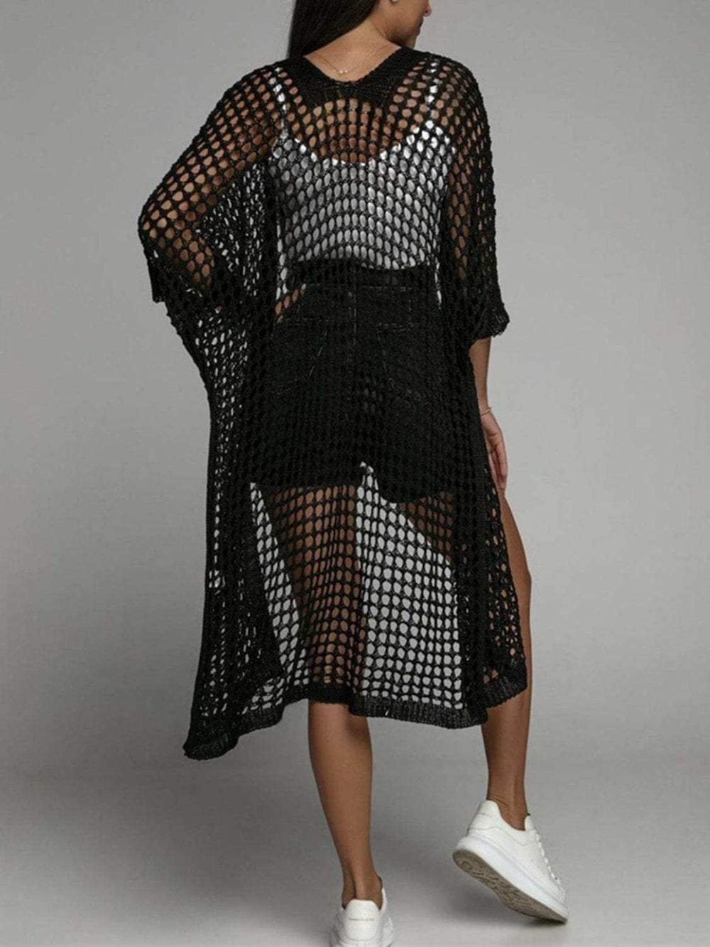 Openwork Open Front Three-Quarter Sleeve Cover Up - Trendsi - Flyclothing LLC