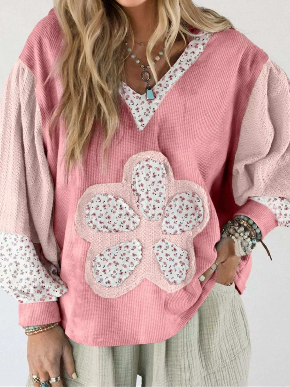 Floral Patch V-Neck Sweatshirt - Trendsi - Flyclothing LLC