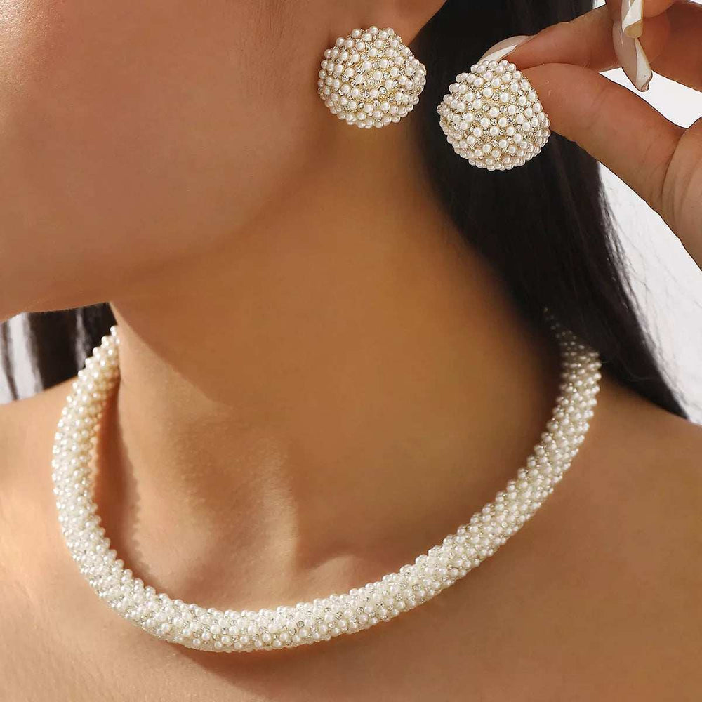 Pearl Embellished Earrings and Necklace Jewelry Set - Trendsi - Flyclothing LLC