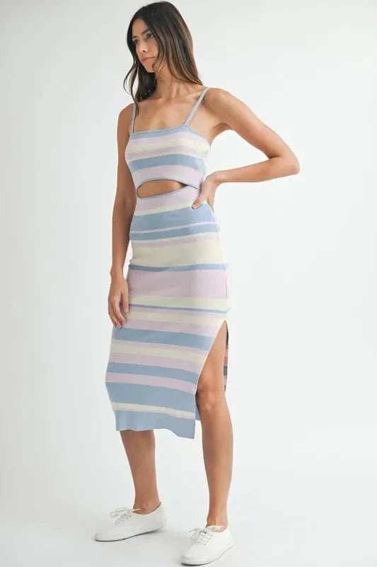MABLE Multi Color Striped Front Cutout Knit Midi Dress - Trendsi - Flyclothing LLC