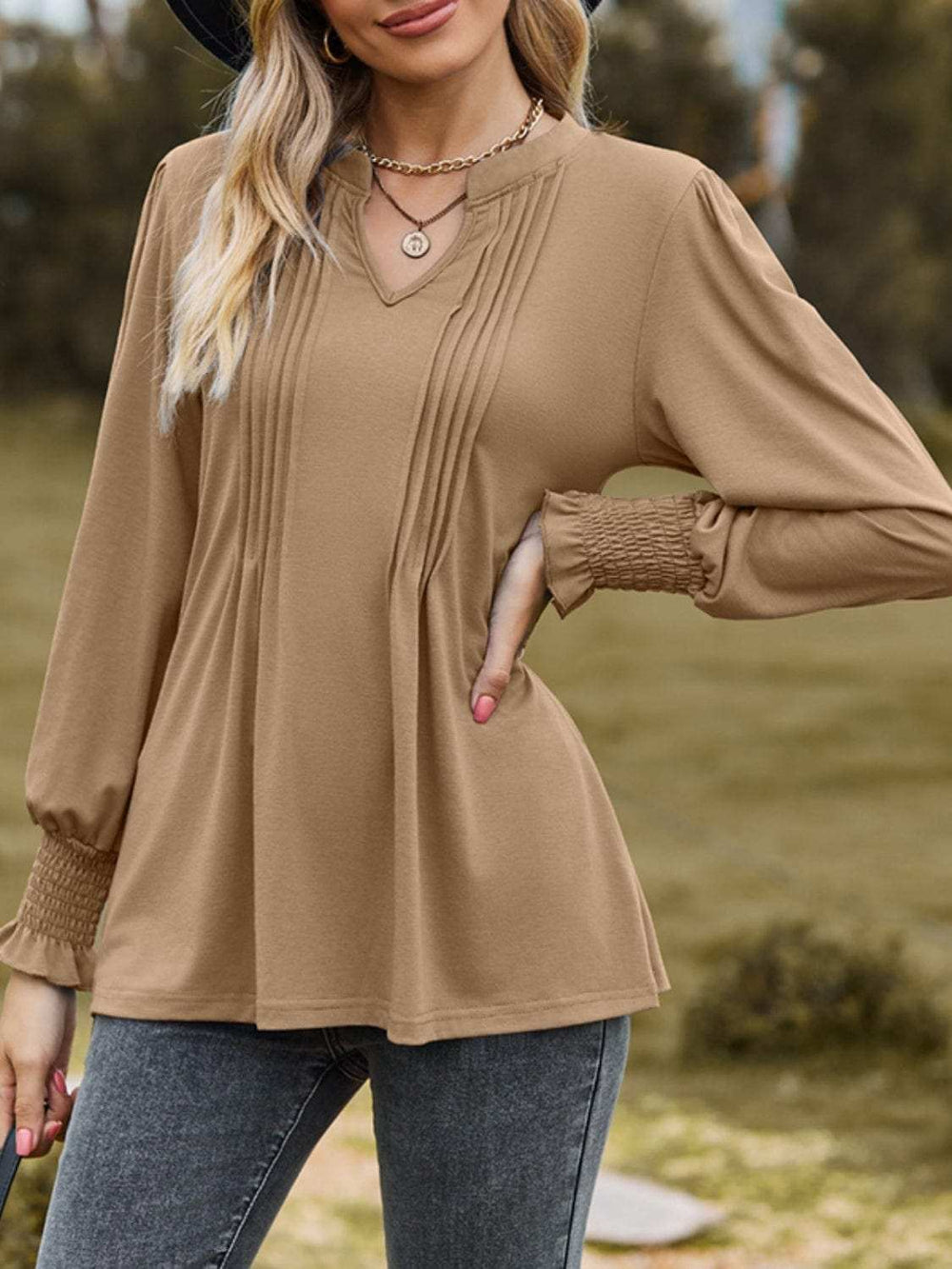 Ruched Notched Long Sleeve T-Shirt - Trendsi - Flyclothing LLC
