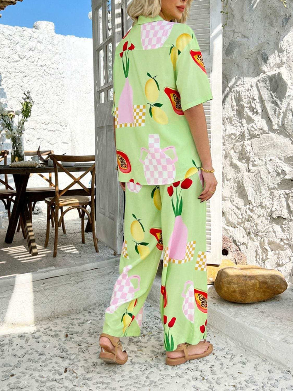 Devine Printed Collared Neck Half Sleeve Top and Pants Set - Trendsi - Flyclothing LLC