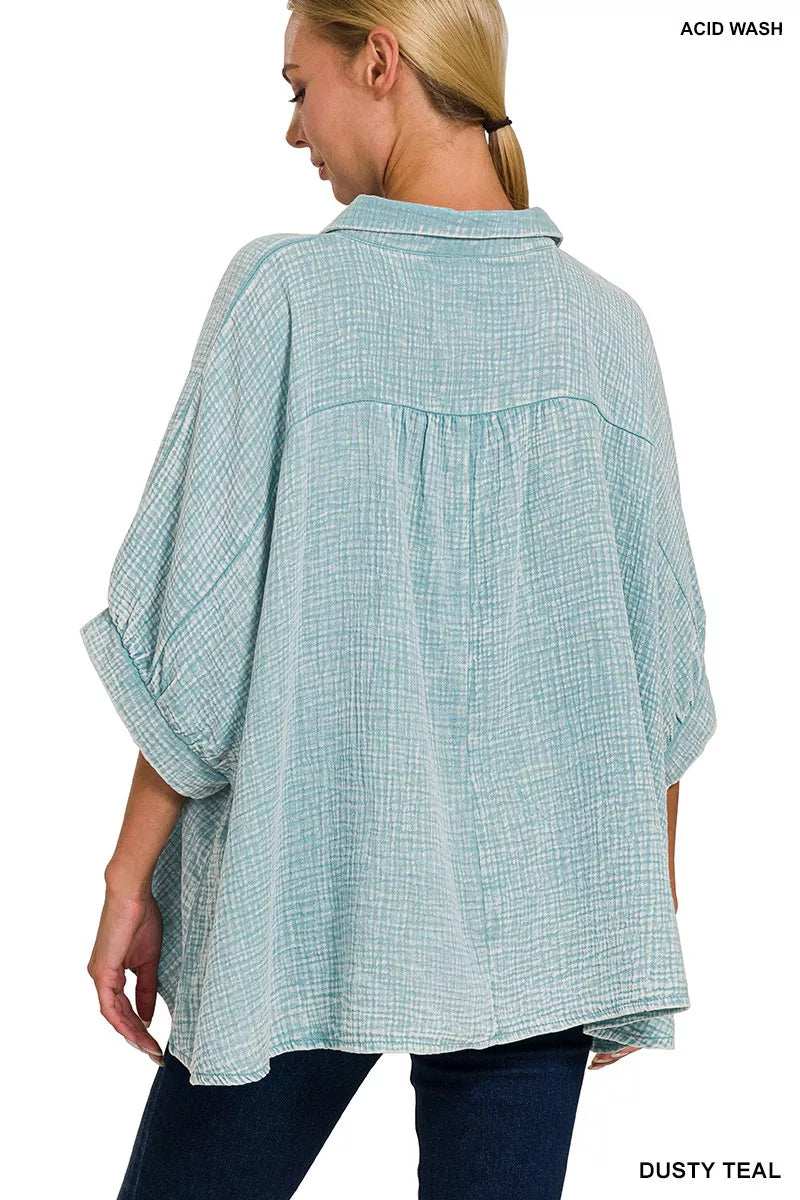 Zenana Washed Double Gauze Button Down Half Sleeve Shirt - Trendsi - Flyclothing LLC