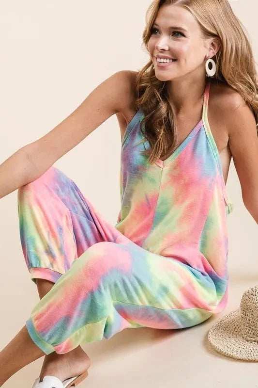 BiBi Tie Dye French Terry Mid-Length Casual Jumpsuit - Trendsi - Flyclothing LLC