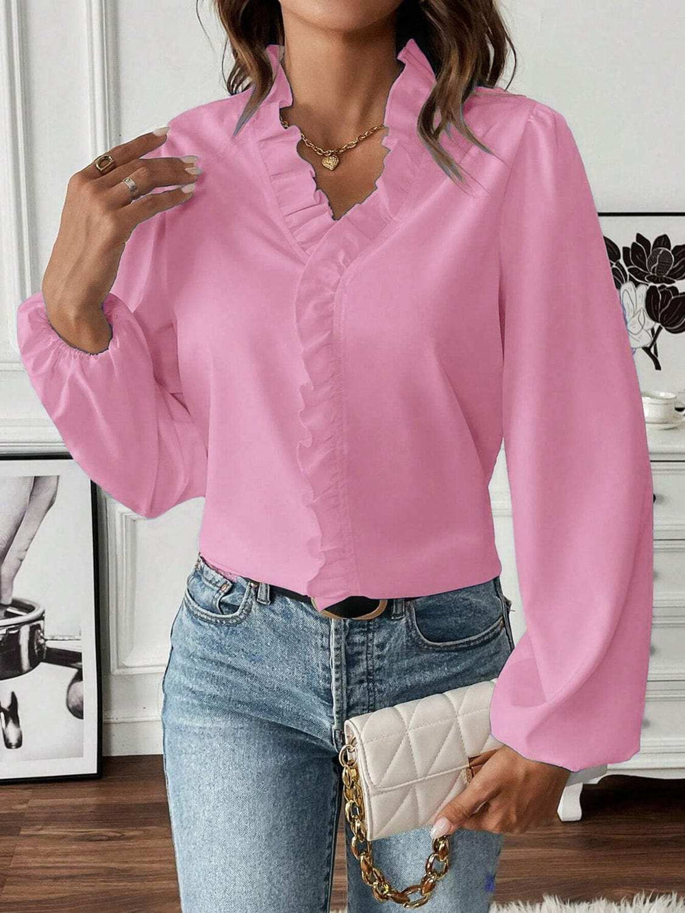 Ruffled V-Neck Long Sleeve Blouse - Trendsi - Flyclothing LLC