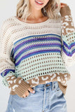 Leopard Striped Round Neck Crochet Knit Top - Trendsi - Flyclothing LLC