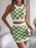 Checkered Grecian Neck Cami and Skirt Sweater Set - Trendsi - Flyclothing LLC