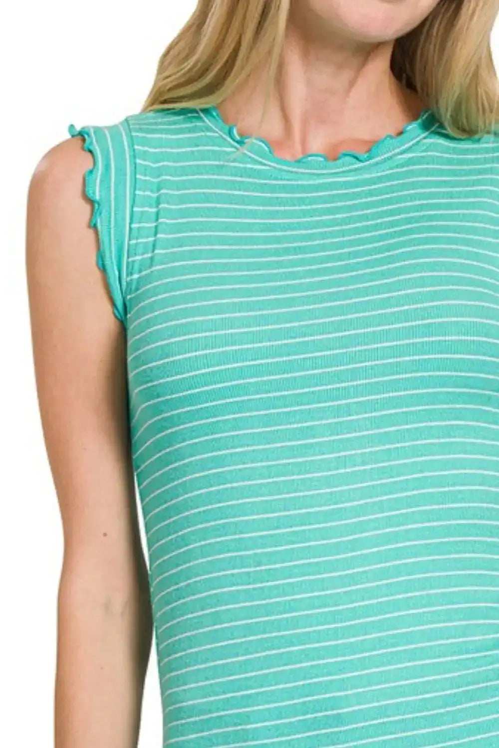 Zenana Ribbed Ruffle Trim Sleeveless Stripe Top - Trendsi - Flyclothing LLC