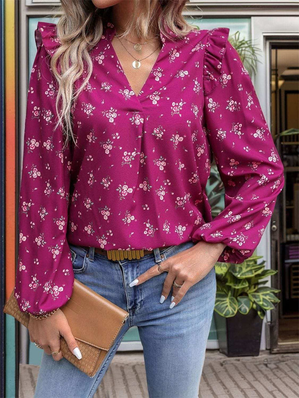 Ruffled Printed Notched Long Sleeve Blouse - Trendsi - Flyclothing LLC