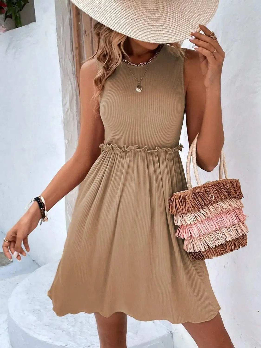 Frill Round Neck Sleeveless Mini Dress - Trendsi - Flyclothing LLC