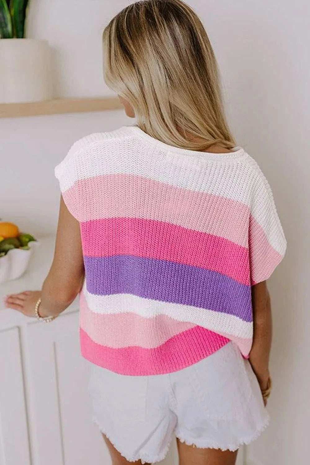 Color Block Notched Short Sleeve Knit Top - Trendsi - Flyclothing LLC