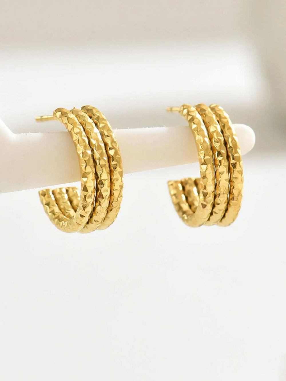 18K Gold-Plated Textured Triple Band Hoop Earrings - Trendsi - Flyclothing LLC