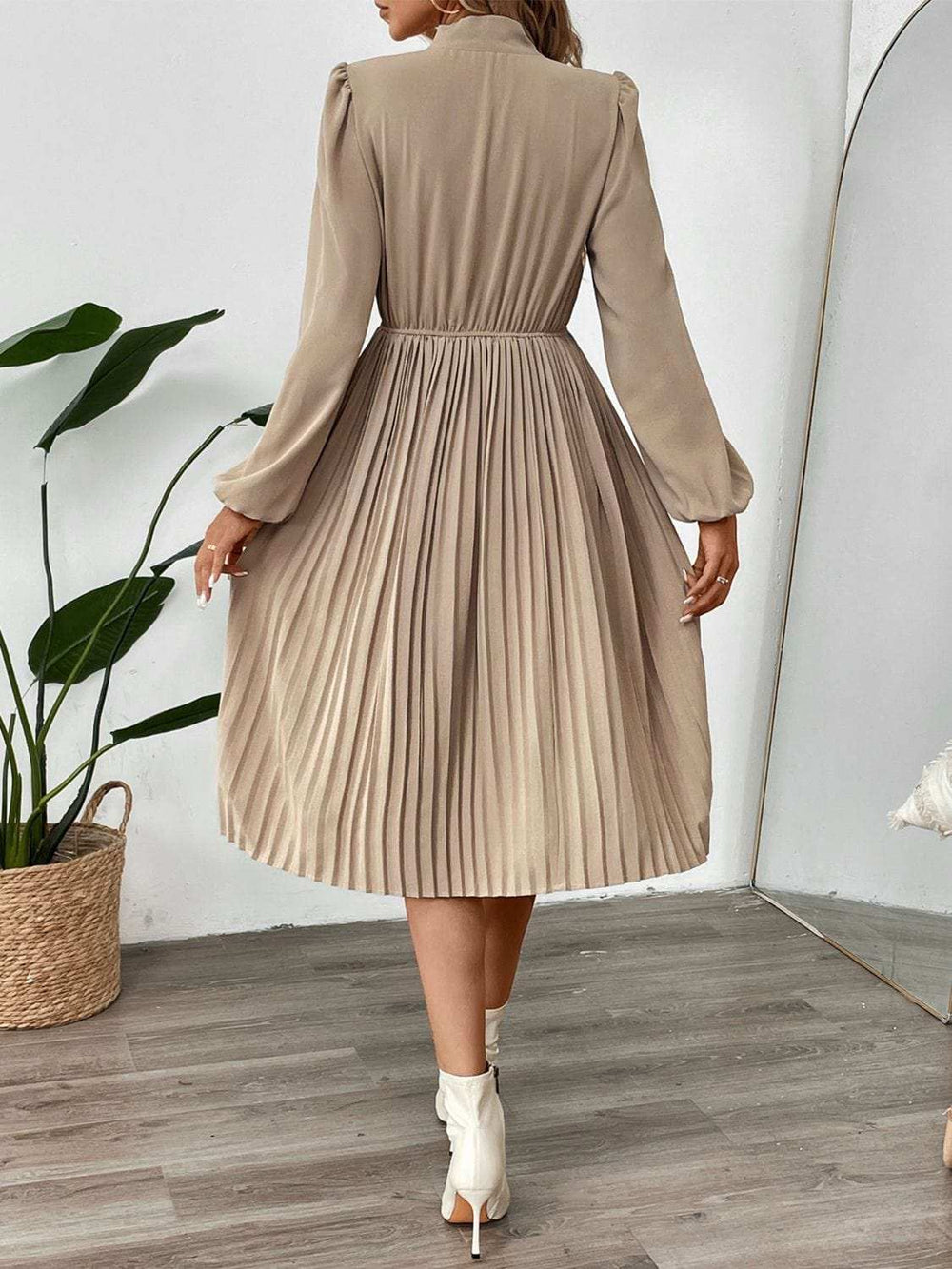 Perfee Pleated Tie Neck Long Sleeve Dress - Trendsi - Flyclothing LLC