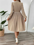 Perfee Pleated Tie Neck Long Sleeve Dress - Trendsi - Flyclothing LLC